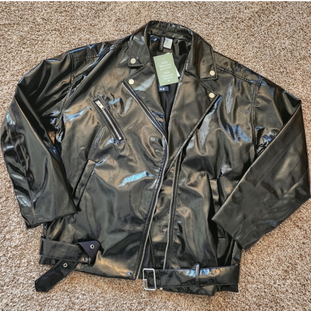 NWT H&M Vegan Faux Patent Leather Oversized Women's Moto Jacket size XS